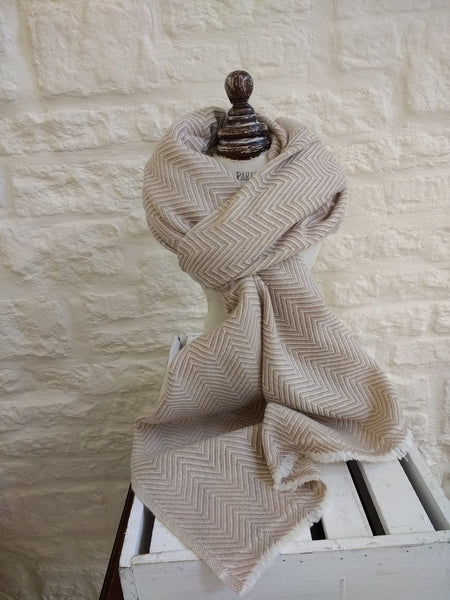 Cashmere Scarf in Beige and Cream Herringbone