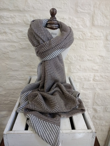 Cashmere Scarf in Taupe and Grey Herringbone